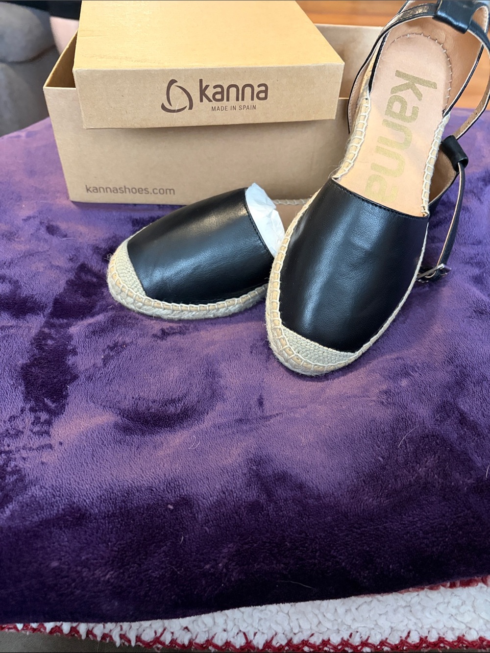 kanna Black Leather Espadrille Slingback with Braided Jute Toe